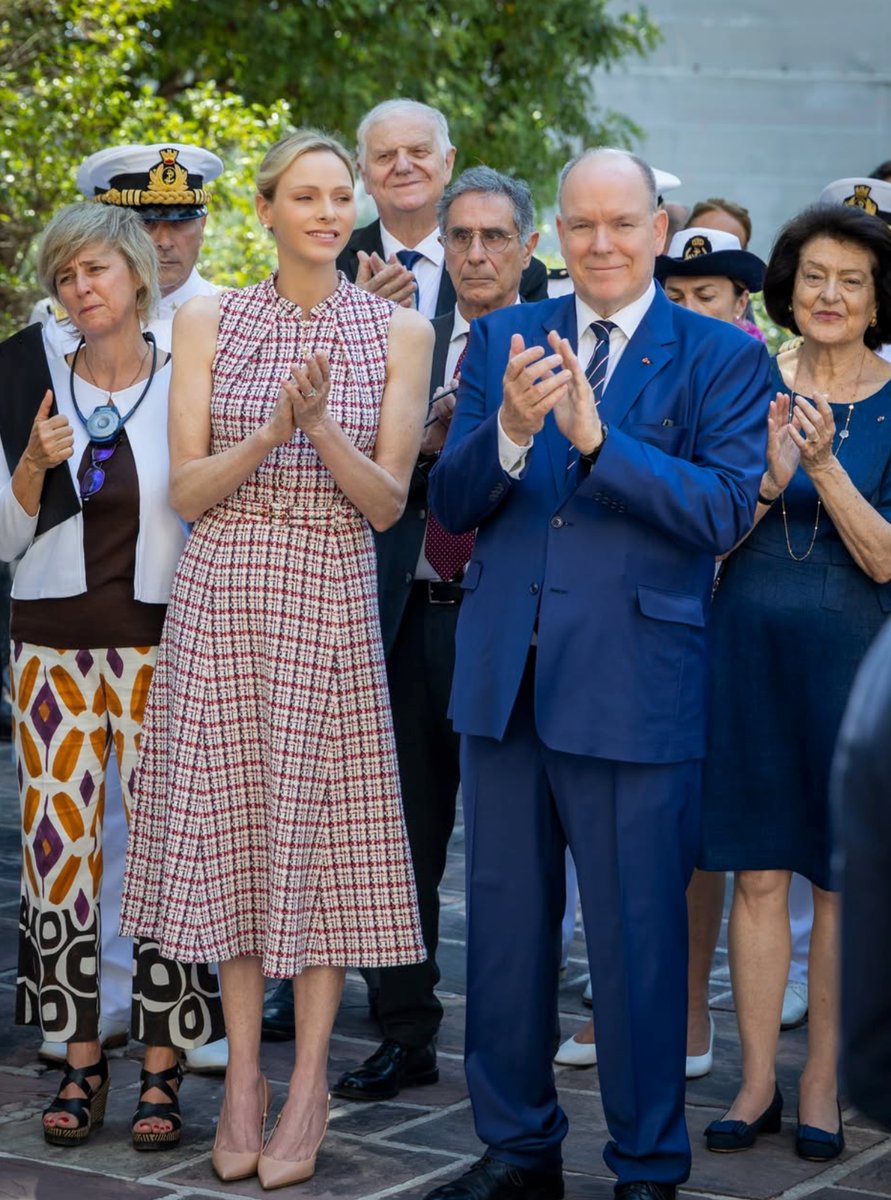 Princess Charlene looked effortlessly elegant in a sleeveless tweed midi dress paired with classic nude pumps for her official engagement party.