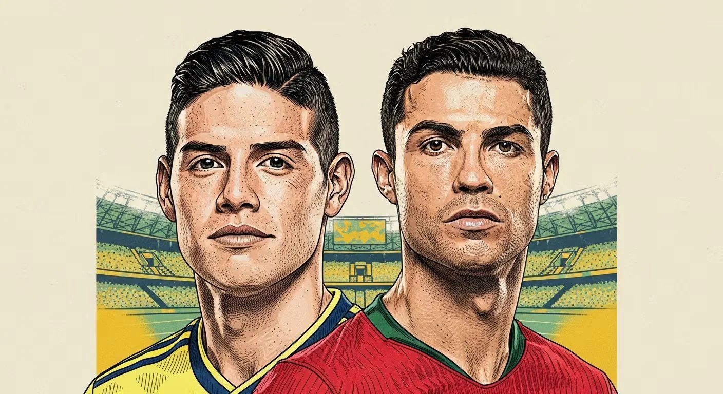 The portrait features James Rodriguez and Cristiano Ronaldo in the foreground, with a minimalist background reminiscent of the stands of a football stadium. Photo courtesy of Illustrative Image Infobae.