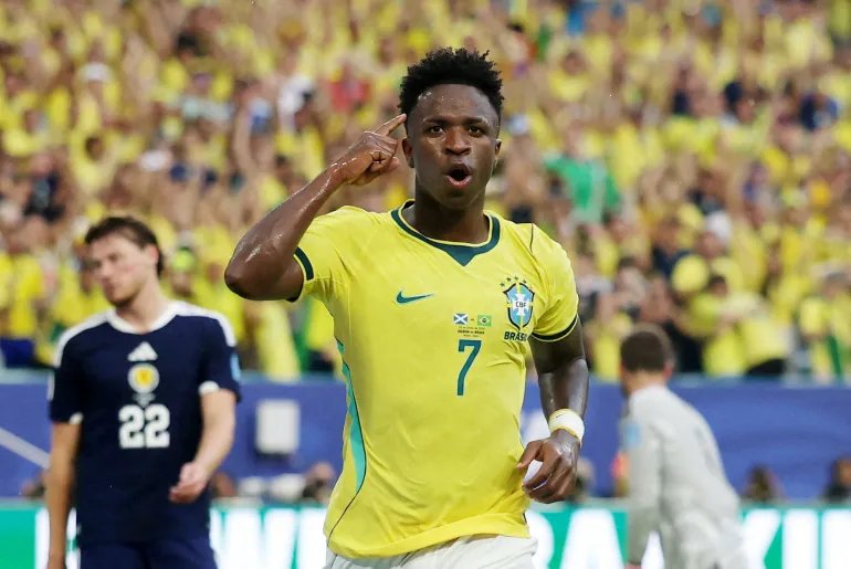 Vinicius Junior from Brazil celebrates scoring his second goal