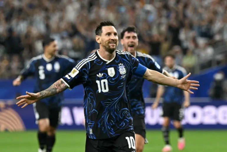 Argentina striker number 10 Lionel Messi celebrates scoring his team's third goal during the 2026 World Cup Group J soccer match between Jordan and Argentina at Dallas Stadium in Arlington on June 27, 2026. (Photo by Paul ELLIS/AFP)