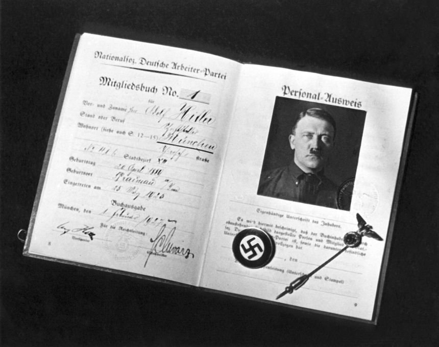 Membership card of Adolf Hitler of the National Socialist Workers' Party (NSDAP) with entry no. 1.