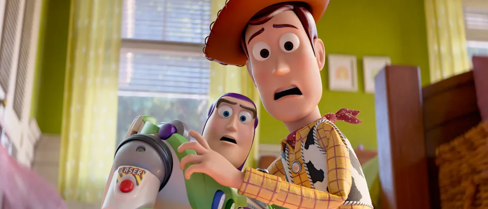 Buzz Lightyear and Woody look worried while standing in Bonnie's bedroom in Toy Story 5.