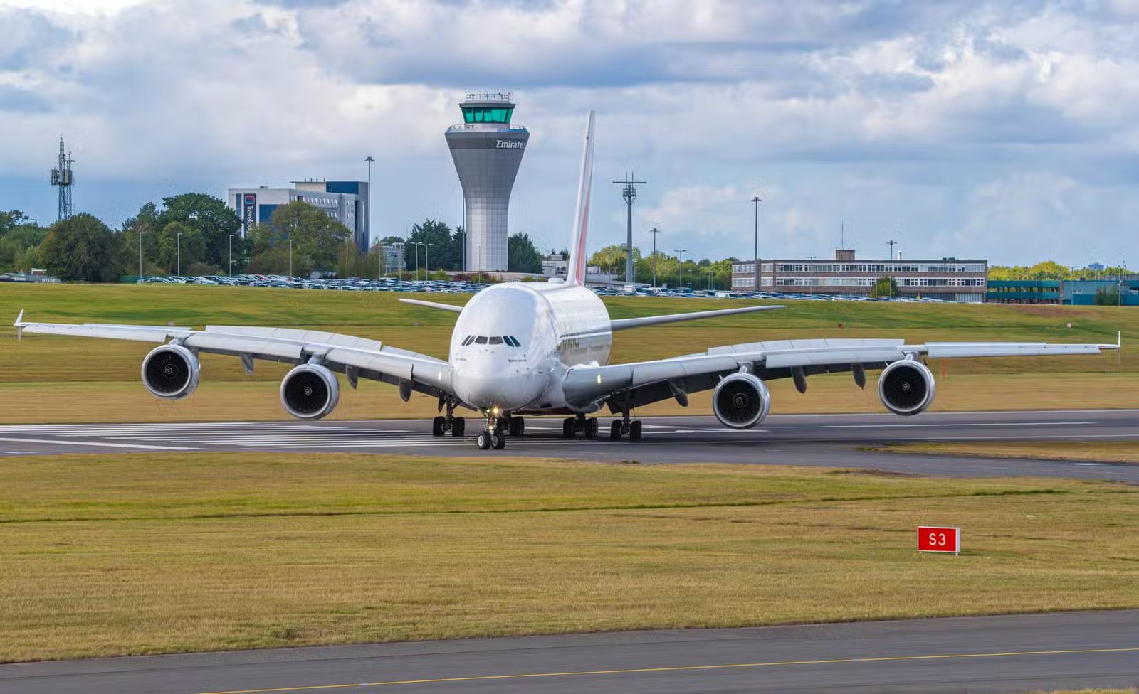 UK, Birmingham, Emirates plane arrival at Birmingham airport.