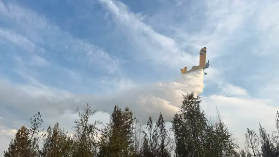 A firefighting aircraft drops water on a forest fire.