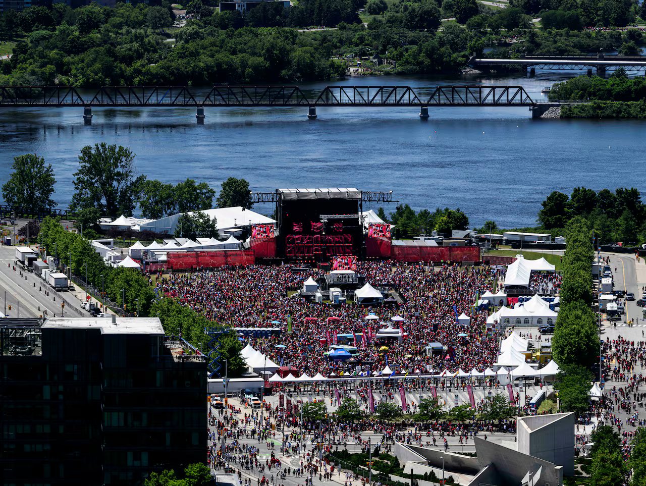 An overhead view of the event on a large open stage.