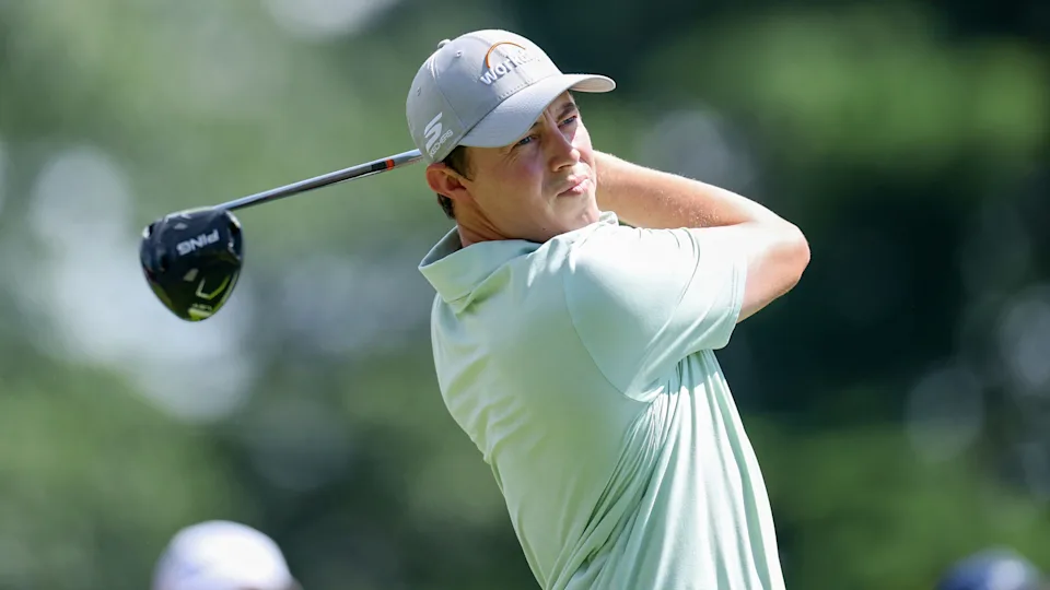 Matt Fitzpatrick knocks driver off tee.