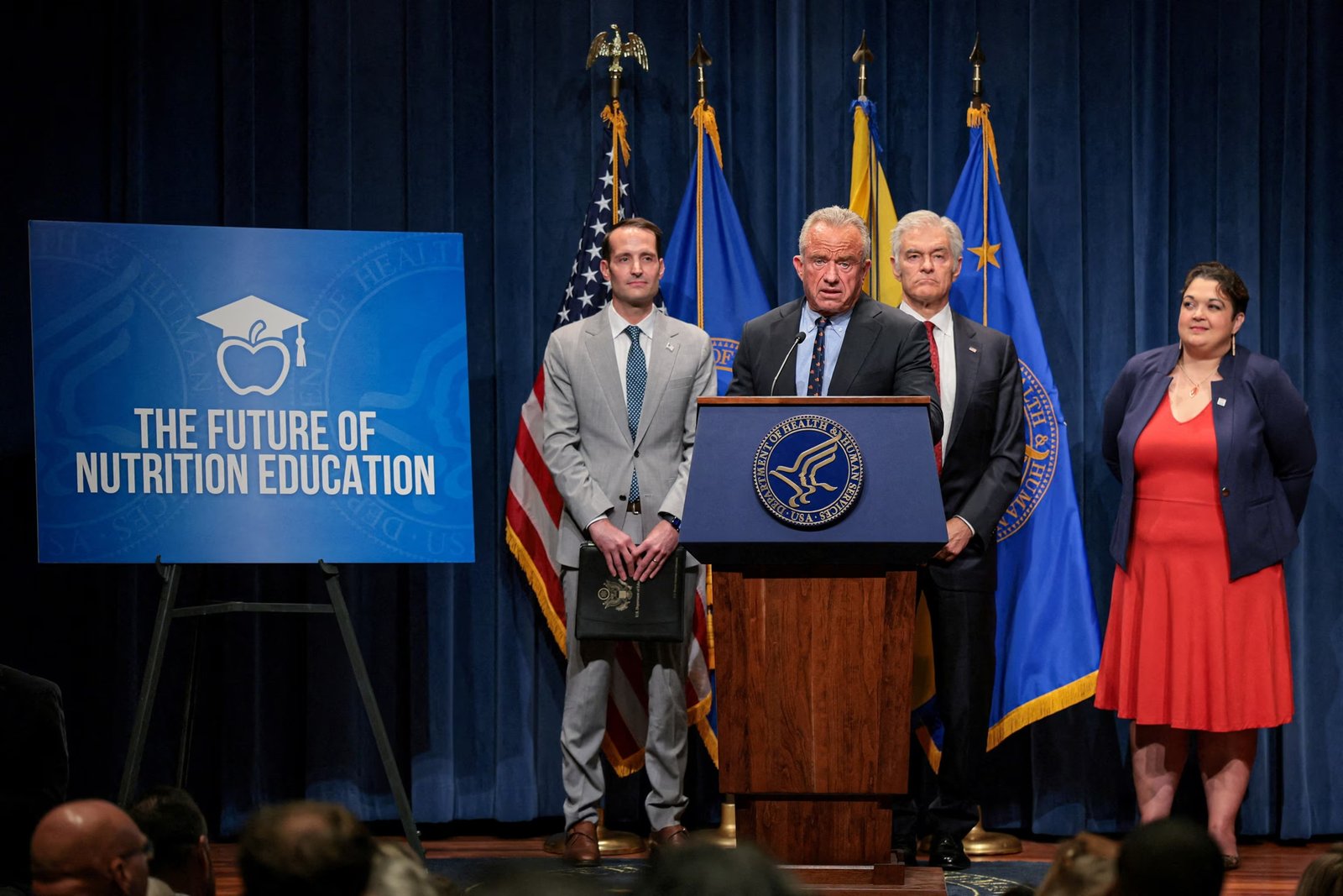 PHOTO: Secretary of Health and Human Services (HHS) Robert F. Kennedy Jr. stands next to Deputy Secretary of Education Nicholas Kent at the Department of Health and Human Services in Washington, D.C., June 8, 2026. 