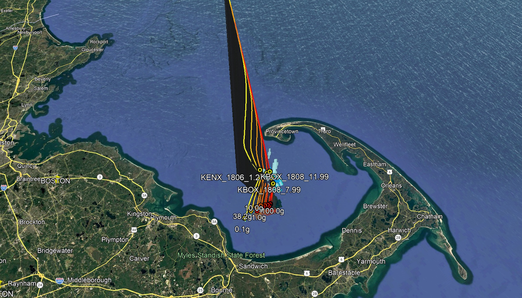 The trajectory of the fireball, as well as the position of the fragments that came off during its explosion.