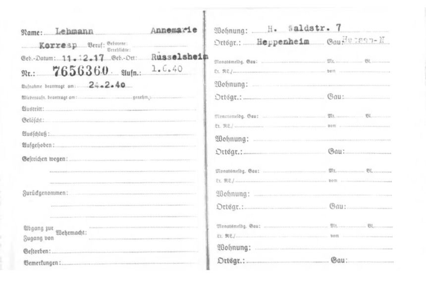 Falter's mother's Nazi membership card, which he recently found through new search engines - a discovery he calls more than surprising.