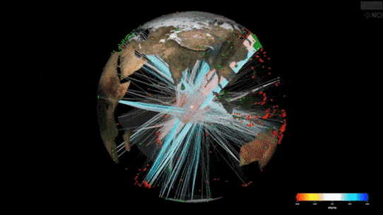 Seismic waves refracted within the Earth are picked up by sensors (green dots) placed on the surface that listen for the rumble of earthquakes (red dots).
