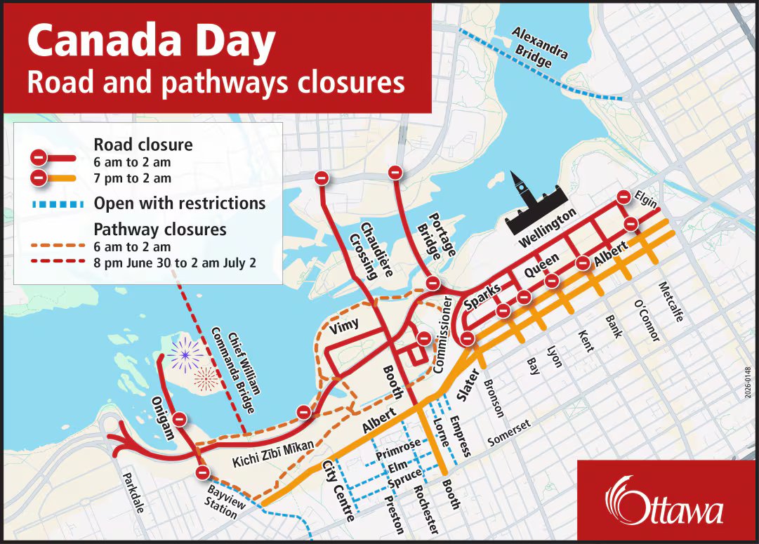 Map of road and trail closures near the Ottawa River and LeBreton Flats on Canada Day 2026.