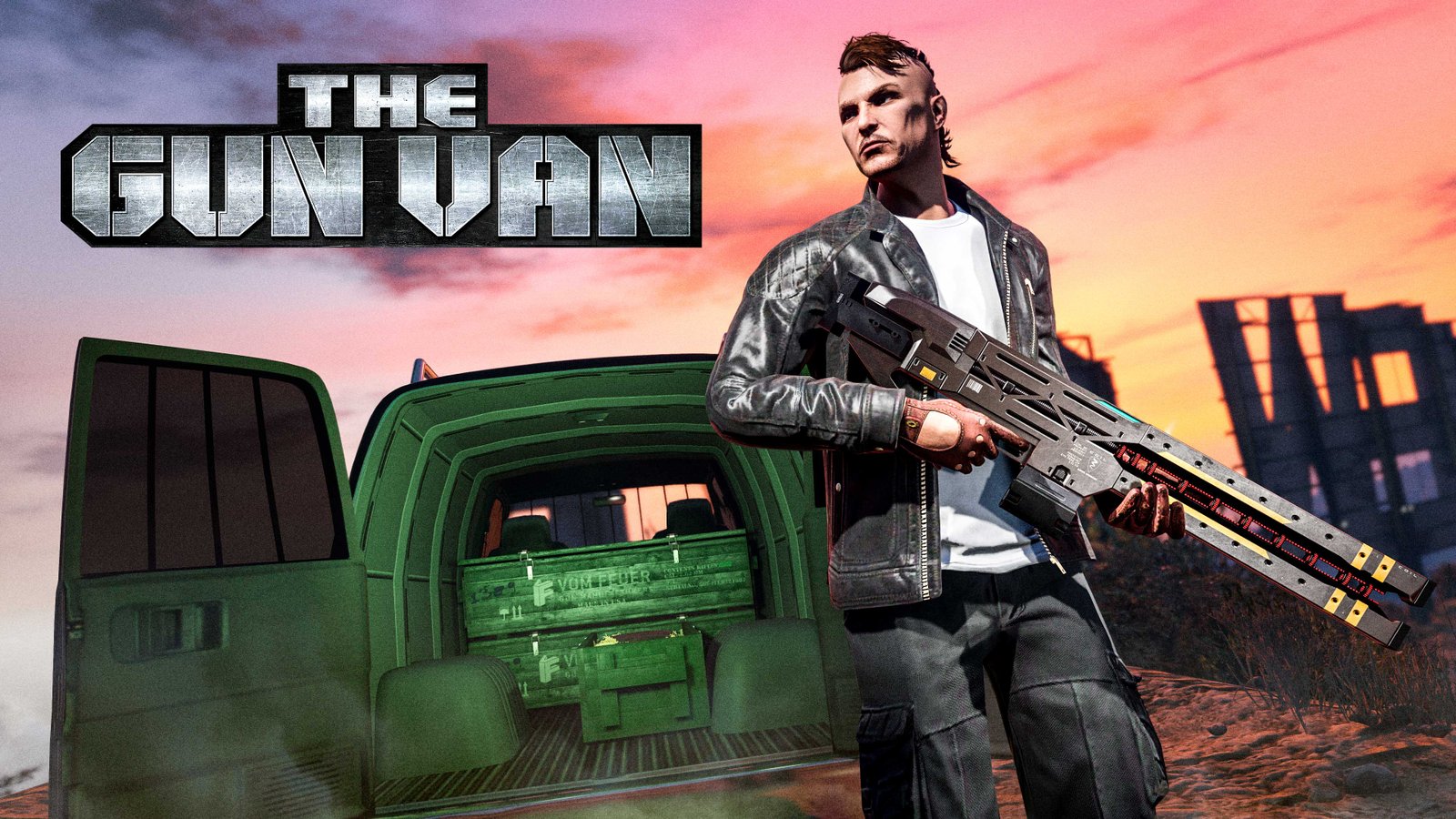 GTA Online Event Week: Independence Day Special (July 2-8) 33 An image of a GTA Online Gun Van with a male character holding a railgun in front of a gun van. The character has a mohawk hairstyle and is wearing a black leather jacket and jeans. The truck door is open, revealing the interior. Text