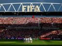 Players from Portugal crowd before the 2026 FIFA World Cup Round of 16 match between Portugal and Croatia at Toronto Stadium.