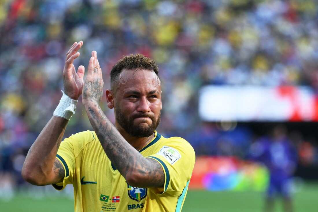 Brazil's number 10 forward Neymar reacts after losing the 2026 World Cup round of 16 soccer match between Brazil and Norway at New York/New Jersey Stadium in East Rutherford on July 5, 2026.