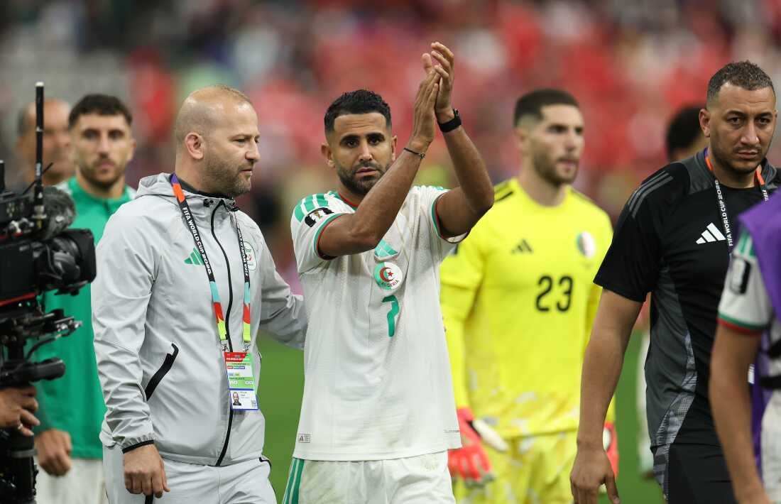 Riyad Mahrez #7 of Algeria applauds fans after a 0-2 loss during the 2026 FIFA World Cup Round of 16 match between Switzerland and Algeria at BC Place Vancouver on July 2, 2026 in Vancouver, British Columbia.