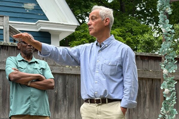 Rahm Emanuel performs at a house party in Concord, New Hampshire on Saturday, June 6, 2026. (AP Photo/Steven Sloan)