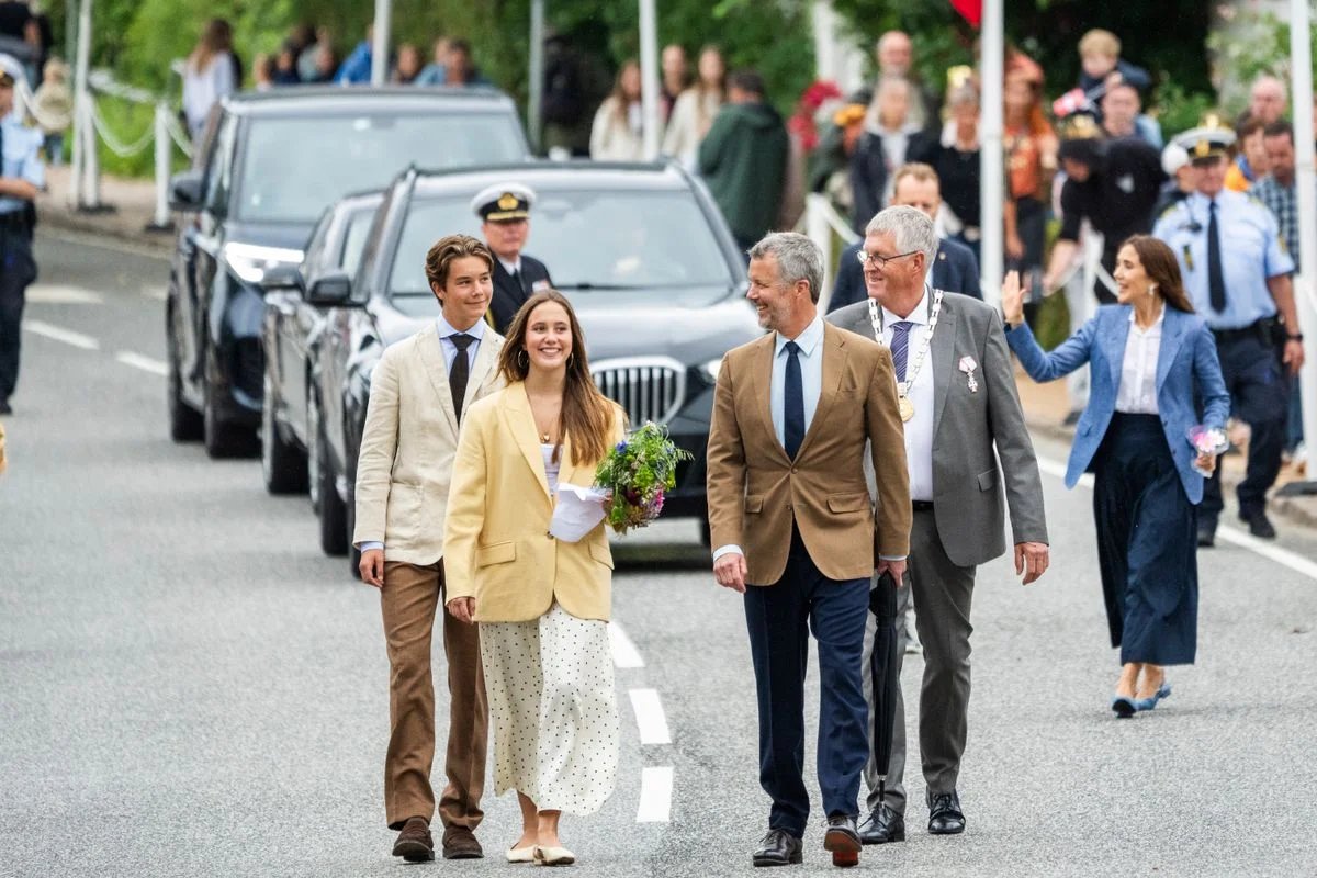 King Frederik X, Queen Mary, Crown Prince Christian, Prince Vincent and Princess Josephine receive a warm welcome upon their arrival at Grosten Palace for the Danish Royal Family's annual summer stay.