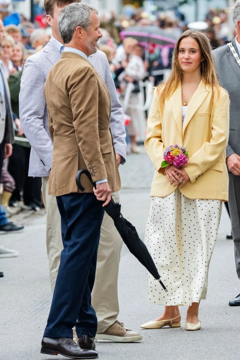 Princess Josephine showed off summer style in a butter yellow blazer layered over a flowing polka-dot skirt during a royal appearance in Grosten.