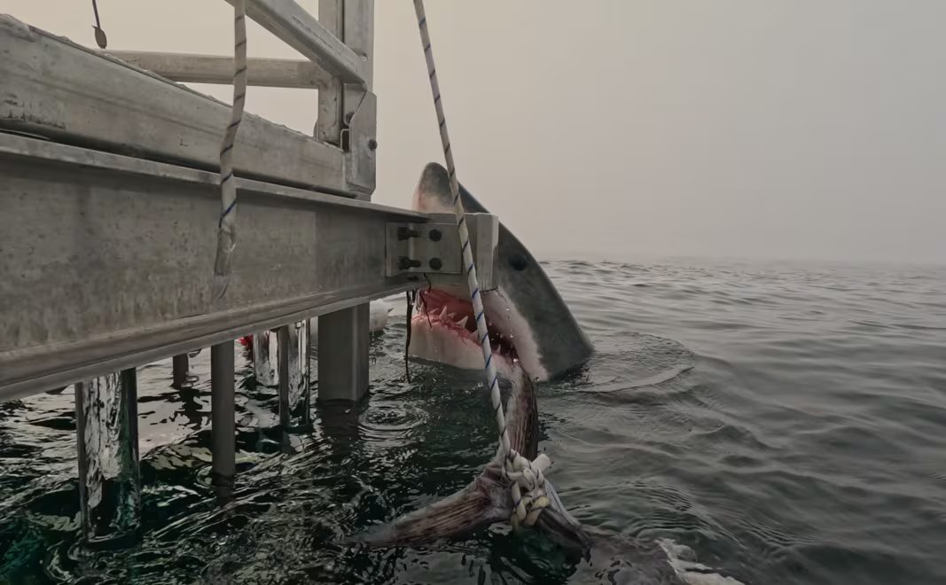 The photo, taken Wednesday from a cage aboard the Atlantic Shark Expeditions boat near Sambro, North Carolina, shows the male shark rising from the water and looking almost directly at the camera, its mouth agape and teeth exposed.  