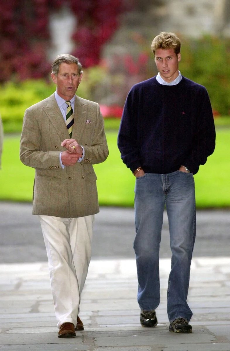Prince William became known for his casual off-duty style in the 1990s, often pairing oversized sweaters with loose-fitting jeans.
