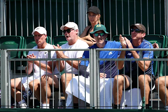 Lleyton and Bec Hewitt were on hand to look after their son, who is trained by Wayne Arthurs (far right).