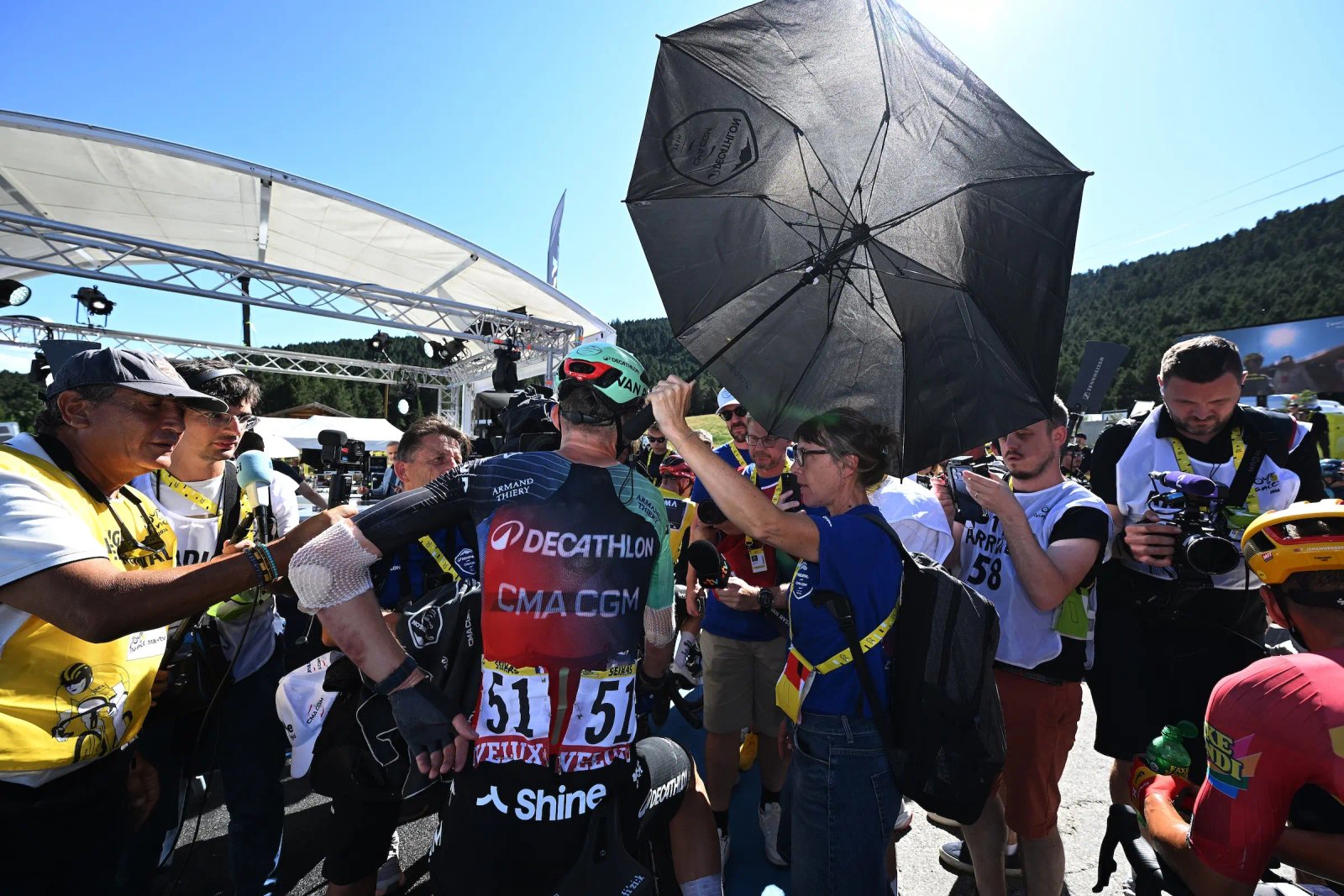 Paul Seixas was protected from the sun after the third stage of the Tour de France (Photo: Tim de Waele/Getty Images)