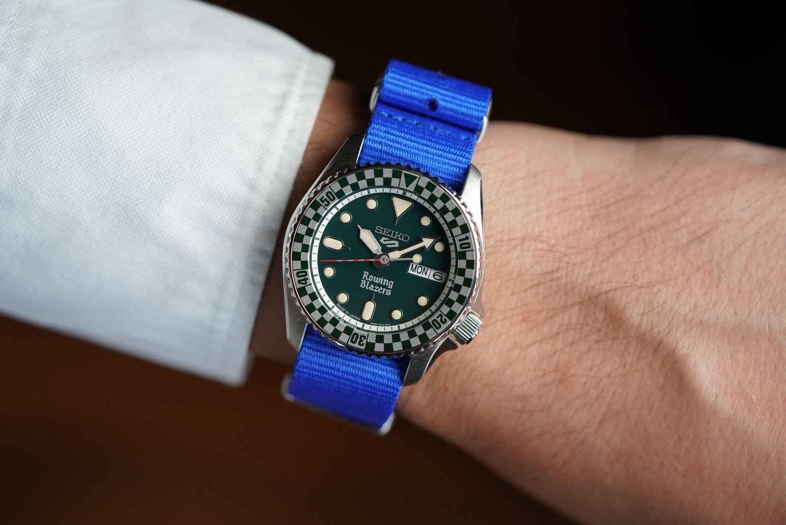 Arrival of two Seiko 5 Sports × Wind Vintage × Rowing Blazers 23 Seiko × Rowing Blazers × Wind Vintage SRPM21 on blue NATO strap, shot on wrist