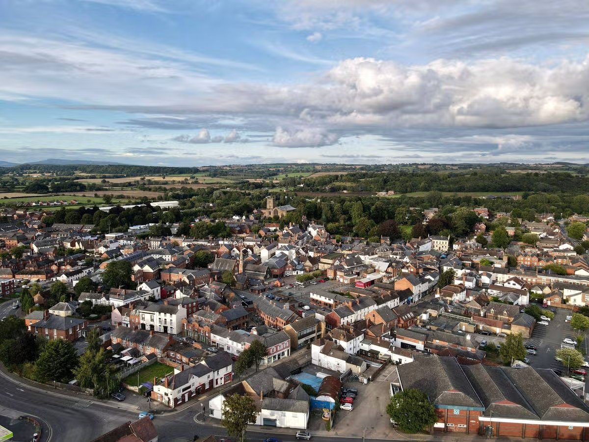 Aerial shot of Leominster city under cloudy sky