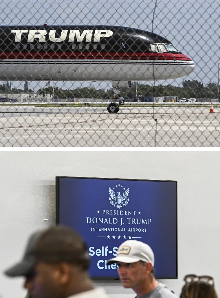 Image of a diptych showing scenes from Palm Beach International Airport with Donald Trump's new branding.