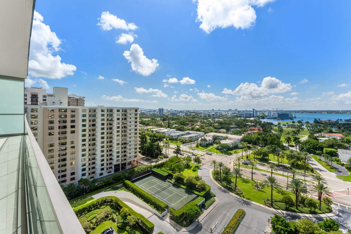 Biscayne Bay is visible from the apartment's west-facing balcony.