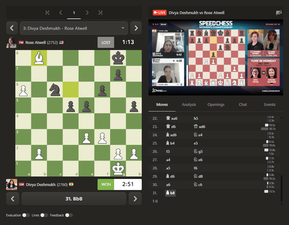 1783833025 509 Womens Speed ​​Chess Championship 2026 Ro16 Divya wins 14 1 against
