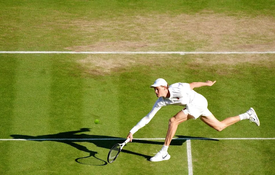Jannik Sinner during the men's singles semi-final match against Novak Djokovic on day twelve of the 2025 Wimbledon Championships.