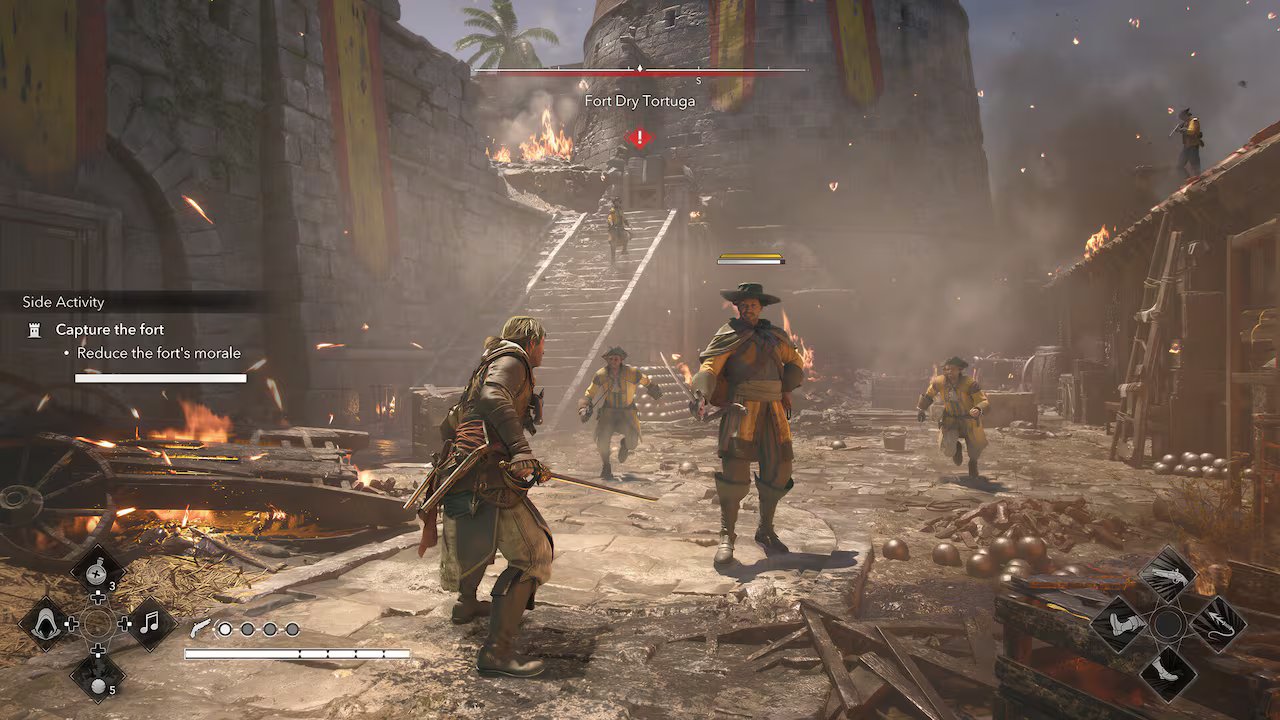 A video game screenshot of a pirate with a sword confronting a naval officer in yellow.