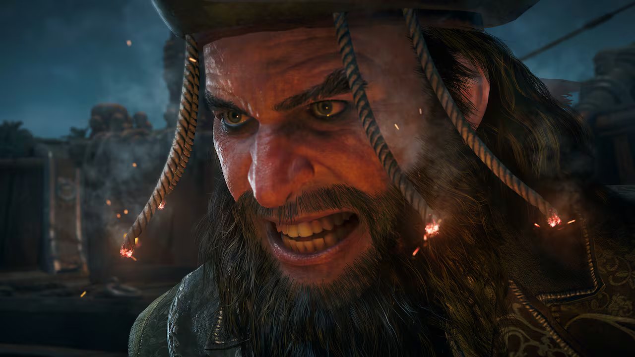 Video game screenshot: a snarling pirate with a black beard. Threads of rope, sparkling with small lights, hang from his hat.