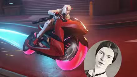 Shion rides a motorcycle and prepares to run over a portrait of Emily Dickinson.