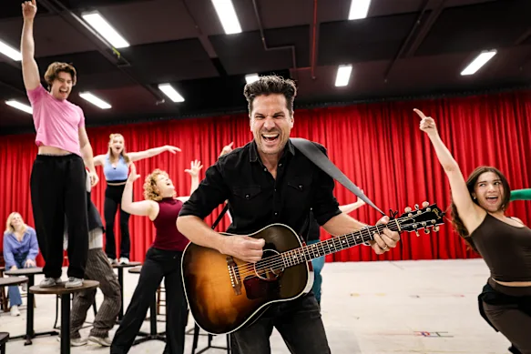 Will Swanson as young Neil Diamond with some of the cast of the musical Beautiful Noise - Neil Diamond.
