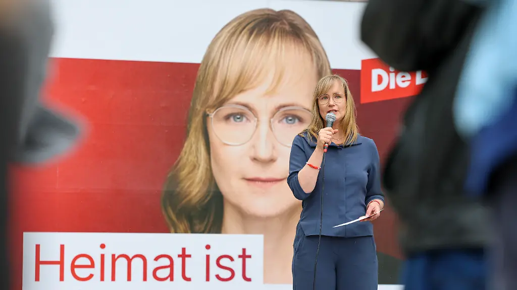 Top candidate-Eva-von-Angern-Die-Linke-stands-in-front-of-an-election-poster-during-the-left-Saxony-Anhalt-press-conference to present-the-election-campaign-for-state-elections-2026