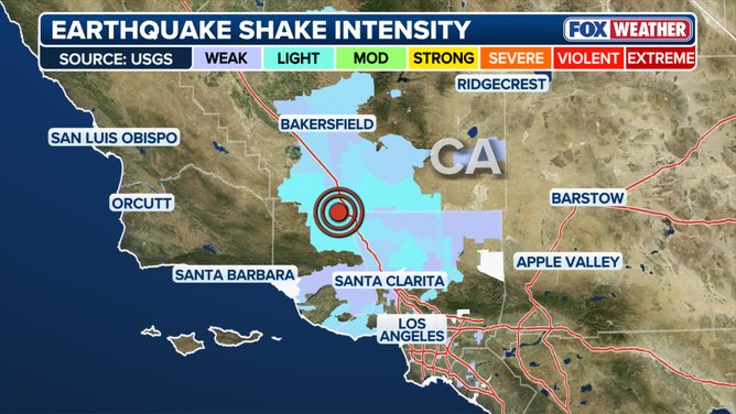 A magnitude 4.2 earthquake hits Southern California, with light shaking felt everywhere. 15 This map shows the intensity of shaking felt in Southern California.