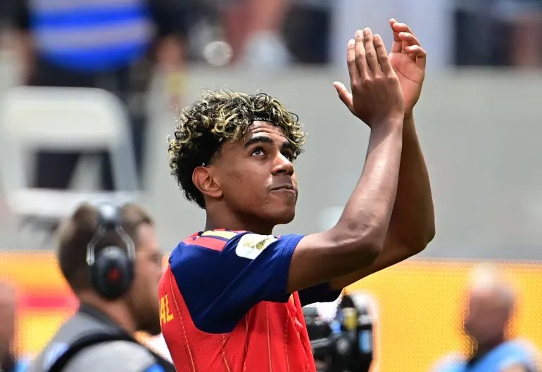 Spaniard Lamin Yamal rejoices after the match after Spain reached the semi-finals