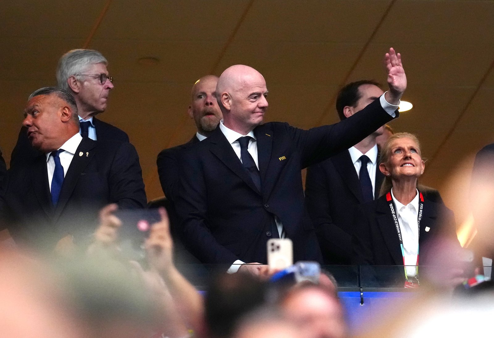 FIFA President Gianni Infantino and English Football Association President Debbie Hewitt (right) during the 2026 FIFA World Cup semi-final match at Atlanta Stadium.