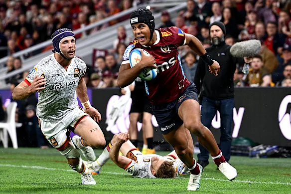 Trayvon Pritchard scores his first Super Rugby try for Queensland in May.