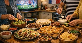holiday meal with tacos and guacamole before a televised football game