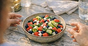 Summer salad “Antimusor” with watermelon, cucumber, blueberries and feta