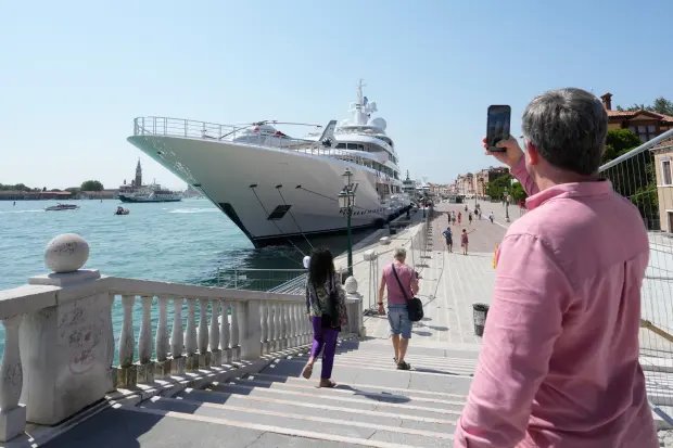 US Ambassador Tilman Fertitta's Boardwall superyacht is moored as part of...