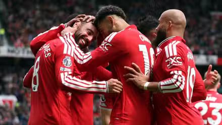 Manchester United have made a transfer move for the 6ft 5in midfielder 15 Manchester United player Brian Mbeumo celebrates against Nottingham Forest with Matheus Cunha and Bruno Fernandes