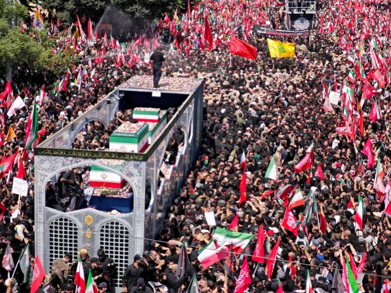 TEHRAN, IRAN - JULY 6: Mourners gather to pay their final respects to slain Supreme Leader of Iran Ayatollah Ali Khamenei during the third day of his funeral ceremonies on July 6, 2026 in Tehran, Iran. Khamenei and members of his family were killed on February 28 in US-Israeli strikes early in the war, ending his 36-year rule of Iran. State funerals in several cities will take place over six days before his body is buried on July 9 in his hometown of Mashhad, Iran. (Photo by Majid Saidi/Getty Images)