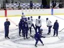 Players on the ice during the Vancouver Canucks development camp at Rogers Forum in Abbotsford on June 29, 2026. 