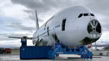 Why it's cheaper than ever to book on the world's most exclusive airline in 2026 22 A low angle three-quarter view of a large white Airbus A380 being disassembled. The plane rests on large blue supports on the asphalt. The nose cone and cockpit windows were removed, revealing the internal frame. Several panels along the fuselage are also missing, revealing the interior of the aircraft. There are other planes parked in the background under a gray overcast sky.