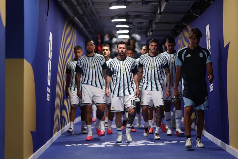 Lionel Messi #10 of Argentina leads his teammates out of the warm-up tunnel before the 2026 FIFA World Cup quarter-final match between Argentina and Switzerland.