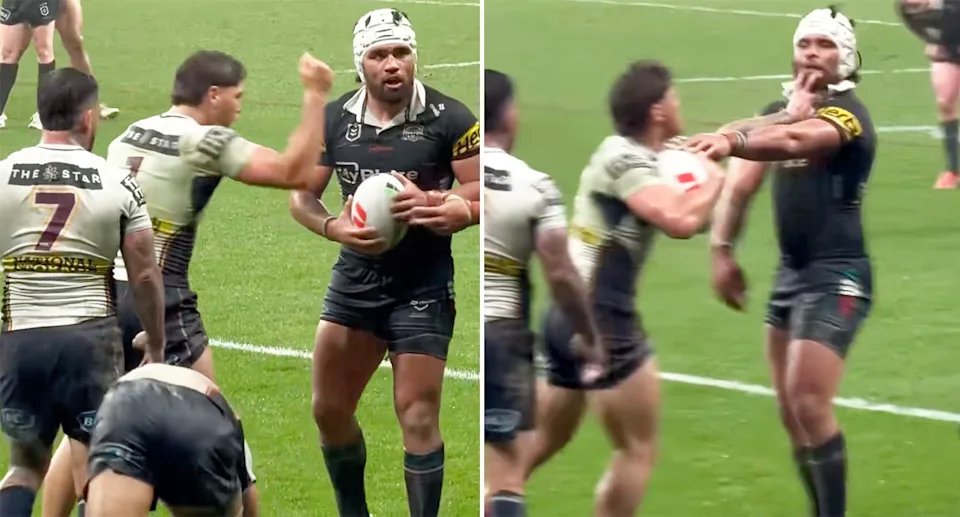 A vision appears of Reece Walsh's illegal action for which he was to be charged with sin against the Panthers. 14 Rhys Walsh and Isaiah Papalia.